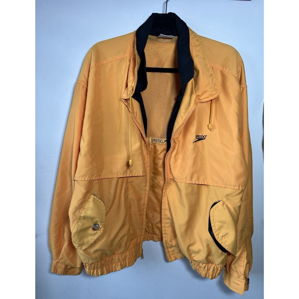 Speedo Yellow Black Windbreaker Jacket Men's Full Zip Mesh Lining Button Large